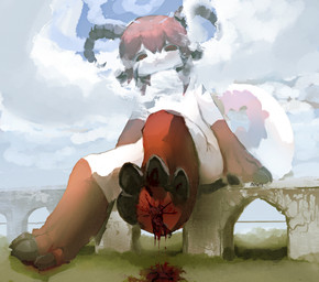 ambiguous_anthro ambiguous_gender anthro arch black_claws blood blood_on_foot blood_puddle blue_sky bodily_fluids bovid_horn bridge caprine_horn claws day death detailed_background expressionless foot_crush fur gloves_(marking) gore grass hair horn kemono leg_markings macro markings mouth_closed multicolored_body multicolored_fur neck_tuft nude organs outside plant ram_horn red_body red_eyes red_fur red_hair sitting sky socks_(marking) solo tail tuft two_tone_body two_tone_fur white_body white_fur white_tail boxwater bovid caprine goat mammal 2025 digital_media_(artwork) digital_painting_(artwork) hi_res painting_(artwork) shaded