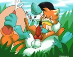 bodily_fluids cum cutaway duo genital_fluids handjob_from_behind knot male male/male on_lap sex screamoshaymin nintendo pokemon crumb_(buizel) nico_(screamoshaymin) buizel generation_4_pokemon legendary_pokemon pokemon_(species) shaymin sky_forme_shaymin absurd_res hi_res