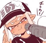 arms_above_head blush bodily_fluids clothing dark_body dark_skin female hair hat headgear headwear humanoid_pointy_ears mask paint pointy_ears pseudo_hair shirt simple_background solo splattershot suggestive sweat tears tentacle_hair tentacles text threatening topwear weapon white_background white_hair otokoter nintendo splatoon animal_humanoid cephalopod cephalopod_humanoid humanoid inkling marine marine_humanoid mollusk mollusk_humanoid 2016 low_res