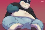 anthro belly big_belly blush bottomwear clothed clothing clothing_lift cute_fangs eyes_closed fangs hat headgear headwear kemono male navel overweight overweight_male pants shirt shirt_lift simple_background sitting solo teeth topwear uokkom nintendo pokemon generation_1_pokemon pokemon_(species) snorlax 2023 hi_res