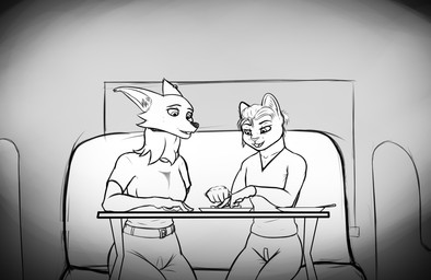 amputee anthro clothed clothing disability duo ear_piercing ear_ring female fully_clothed inner_ear_fluff long_neck male missing_arm piercing ring_piercing sitting tuft caltro paula_wolf canid canine cougar felid feline mammal maned_wolf black_and_white hi_res monochrome