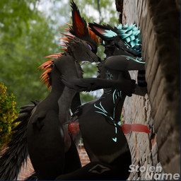 against_surface against_wall anal anal_penetration animal_genitalia animal_penis anthro anthro_on_anthro anthro_penetrated anthro_penetrating anthro_penetrating_anthro balls black_body black_fur black_markings blue_hair blue_markings blurred_background butt canine_genitalia canine_penis depth_of_field duo erection feathers fluorescent_tattoo from_behind_position fur genitals grabbing_from_behind hair kneeling knot looking_pleasured low-angle_view male male/male male_penetrated male_penetrating male_penetrating_male markings nude orange_body orange_feathers outside outside_sex penetration penile penile_penetration penis plant purple_eyes sex side_view smile standing standing_sex tail teeth text stolenname canid canine mammal rexouium 1:1 2026 3d_(artwork) artist_name blender_(artwork) blender_cycles_(artwork) digital_media_(artwork) watermark