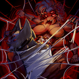 ambiguous_gender anthro anthro_on_anthro arthropod_webbing bdsm bondage bound breasts colored_nails duo featureless_breasts female female/ambiguous fur grey_body grey_fur grin headlamp lamp mandibles markings mole_(marking) multi_arm multi_limb nails pupils red_eyes red_sclera segmented_body smile spider_web web_bondage white_pupils wrapped_arms wrapped_up spoilla animal_humanoid arachnid arachnid_humanoid arthropod arthropod_humanoid canid canine canis humanoid mammal spider spider_humanoid wolf 1:1 hi_res