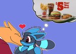 anthro beverage big_breasts black_body black_fur blue_body blue_fur breasts burger burger_king charizard clothed clothing colored d-6alaxy duo female food fries fur generation_1_pokemon generation_4_pokemon heart_eyes heart_symbol hi_res kiss_on_lips kissing lucario male meme nintendo nugget orange_body pokemon pokemon_(species) soda suit
