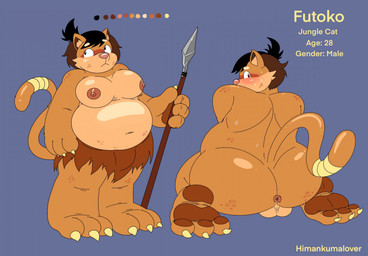 anthro anus backsack balls bandage bandaged_tail barefoot blush bottomwear clothed clothing feet genitals loincloth loincloth_only looking_at_viewer looking_back looking_back_at_viewer male melee_weapon moobs navel nipples nude overweight overweight_male polearm raised_tail rear_view solo spear stated_age stated_gender stated_species tail text topless tribal weapon himankumalover futoko domestic_cat felid feline felis mammal character_name english_text hi_res model_sheet