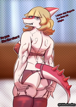anthro athletic athletic_female back_muscles bangs blonde_hair blue_eyes blurred_background bone_frill bottomwear bra breasts butt butt_grab clothed clothing dialogue dirty_talk female fingers frill_(anatomy) furgonomic_bottomwear furgonomics hair half-closed_eyes hand_on_butt head_turned humanoid_hands legwear lingerie long_hair looking_at_viewer looking_back medium_breasts narrowed_eyes nipple_outline non-mammal_breasts o-ring pink_body pose rear_view red_bra red_clothing red_legwear red_thigh_highs red_underwear seductive skimpy smile smirk solo spiked_tail spikes spikes_(anatomy) standing tail talking_to_viewer teeth text thigh_highs underwear white_body eddodoodle cavemanon_studios i_wani_hug_that_gator mia_moretti dinosaur hadrosaurid ornithischian ornithopod parasaurolophus prehistoric_species reptile scalie artist_name colored english_text portrait shaded three-quarter_portrait