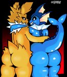 ambiguous/ambiguous ambiguous_gender anthro arm_around_back arm_around_neck big_butt butt duo frill_(anatomy) glistening looking_back tail zodopop nintendo pokemon eeveelution generation_1_pokemon jolteon pokemon_(species) vaporeon artist_name hi_res