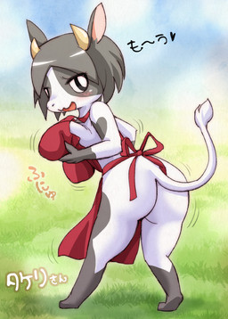 anthro apron apron_only black_body black_eyes black_fur blush breasts butt chibi clothing female fur grass grey_hair hair hand_on_breast horn looking_up mostly_nude multicolored_body multicolored_fur open_mouth plant presenting presenting_hindquarters smile solo standing text two_tone_body two_tone_fur white_body white_fur melonleaf bovid bovine cattle dairy_cattle holstein_friesian_cattle mammal 2016 hi_res japanese_text