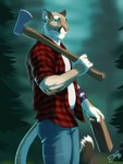 anthro arm_tuft axe bottomwear clothed clothing elbow_tuft forest fur green_eyes holding_axe holding_object male melee_weapon outside pants pattern_clothing pattern_shirt pattern_topwear plaid plaid_clothing plaid_shirt plaid_topwear plant pose shirt solo standing tan_body tan_fur topwear tree tuft weapon whiskers feralise cougar felid feline mammal 2020 3:4 hi_res pinup portrait three-quarter_portrait