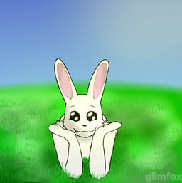 anthro black_eyes bored ears_up female fur grass grass_field hand_on_cheek kemono long_ears outside plant shy sky solo white_body white_fur glimfox hare lagomorph leporid mammal rabbit absurd_res hi_res