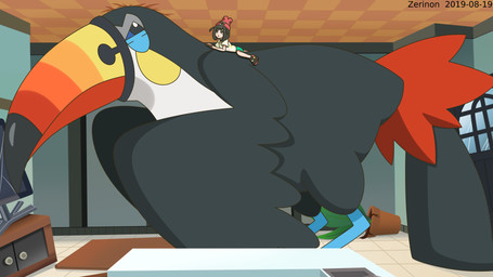ambiguous_gender carrying_another carrying_partner cracks cramped destruction duo extreme_size_difference feathered_wings feathers female feral inside larger_ambiguous larger_feral lying lying_on_another on_front riding riding_on_back room_filling side_view size_difference smaller_female smaller_human straddling wings zerinon nintendo pokemon selene_(pokemon) avian bird generation_7_pokemon human mammal pokemon_(species) toucannon 16:9 2019 absurd_res cel_shading digital_media_(artwork) digital_painting_(artwork) hi_res painting_(artwork) shaded widescreen