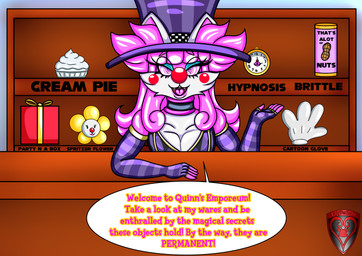anthro clown clown_makeup clown_nose clownpocalypse collar corruption femboy hypnosis male mind_control solo store text transformation ladyfoxheart nintendo pokemon robin_quinn braixen canid canine fennec_fox fox generation_6_pokemon mammal pokemon_(species) true_fox absurd_res english_text hi_res