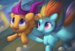 day detailed_background duo female feral flying outside smile wings auroriia friendship_is_magic hasbro my_little_pony mythology rainbow_dash_(mlp) scootaloo_(mlp) equid equine horse mammal mythological_creature mythological_equine pegasus pony 2021 absurd_res digital_media_(artwork) hi_res