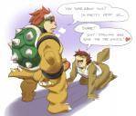 2015 all_fours analon_(artist) analon_(character) anthro bottomless bowser breath brown_hair clothed clothing collar cuff_(restraint) dialogue digital_media_(artwork) duo english_text erection eyes_closed fellatio genitals gradient_background hair heart_symbol horn koopa lizard male male/male mario_bros masturbation nintendo nude open_mouth oral penile penile_masturbation penis penis_in_face red_hair reptile restraints scalie sex shirt simple_background speech_bubble spikes standing tank_top teeth text tongue topwear white_clothing white_shirt white_topwear wrist_cuffs