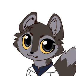 :3 amber_sclera anthro big_ears big_eyes big_head big_tail biped black_body black_eyebrows black_eyes black_fur black_nose black_tail blue_clothing blue_shirt blue_topwear bouncing button_(fastener) cheek_tuft chibi clothing coat dipstick_tail doctor ear_twitch eyebrows eyelashes facial_tuft fluffy fluffy_tail fur grey_body grey_fur grey_tail_tip head_tuft inner_ear_fluff kemono lab_coat looking_at_viewer male markings shirt simple_background snout solo standing tail tail_markings tail_motion tail_tuft tailwag topwear tuft white_background white_clothing white_lab_coat white_topwear wiggle yellow_sclera aaronthekirin janusz canid canine canis hybrid mammal wolf wolfdog 1:1 2026 animated digital_drawing_(artwork) digital_media_(artwork) loop