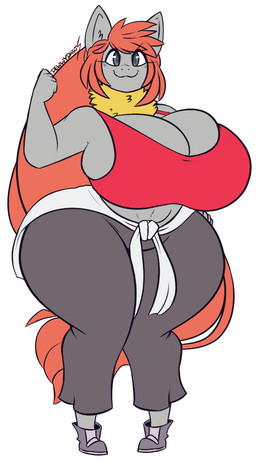 abs anthro big_breasts bottomwear breasts cleavage clothed clothed_anthro clothed_female clothing female footwear grey_body grey_bottomwear grey_clothing grey_pants hair huge_breasts huge_hips huge_thighs leggings legwear orange_hair pants red_clothing shoes side_boob solo thick_thighs wide_hips dewwydarts unknown_species 2025 character_request