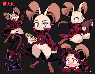 3_toes attack_pose barefoot big_ears black_eyes blush blush_lines bonnet bottomless bow_ribbon button_(fastener) clenched_teeth clothed clothing collar collared_shirt dress_shirt embarrassed eyewear featureless_crotch feet female frilly frilly_bonnet glasses head_tuft headgear headwear holding_map holding_object light map multiple_poses notched_ear pose purple_lighting question_mark reading red_clothing red_shirt red_topwear rim_light semi-anthro shirt simple_background sitting solo spiked_ball spikes standing tail teeth toes topwear tuft weapon wearing_glasses whip rikose mina_the_hollower yacht_club_games mina_(mina_the_hollower) mammal mouse murid murine rodent 2026 cel_shading colored digital_drawing_(artwork) digital_media_(artwork) lighting shaded