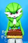 3_fingers birthday birthday_cake blue_background breasts cake candle dessert female fingers food green_hair hair holding_cake holding_food holding_object looking_at_viewer medium_breasts not_furry open_mouth red_eyes simple_background solo text baterco nintendo pokemon ailin_gardevoir gardevoir generation_3_pokemon humanoid pokemon_(species) 2019 absurd_res hi_res signature spanish_text