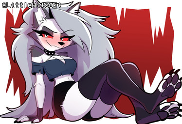anthro arm_support black_bottomwear black_claws black_clothing black_legwear black_pawpads black_shorts black_stockings blush bottomwear claws clothing collar crop_top ear_piercing eyelashes feet female hair legwear long_hair looking_at_viewer pawpads paws piercing red_sclera shirt shorts simple_background sitting smile soles solo spiked_collar spikes stockings text topwear white_background white_eyes littlehitsuji hellaverse helluva_boss mythology loona_(helluva_boss) canid canid_demon canine demon hellhound mammal mythological_canine mythological_creature absurd_res colored digital_drawing_(artwork) digital_media_(artwork) english_text hi_res shaded