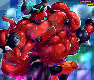 2_horns anthro balls big_balls big_penis biped black_body black_nipples blue_hair bodily_fluids bracelet claws clothing cum erection exercise eyebrows genital_fluids genitals hair horn humanoid_genitalia humanoid_penis jewelry jockstrap looking_at_viewer male mature_male muscular muscular_male navel nipples pecs penis precum purple_eyes red_body red_skin red_tail simple_background solo spiked_bracelet spikes spikes_(anatomy) sweat tail teal_claws teal_eyebrows teal_hair thick_eyebrows towel underwear yellow_eyes yellow_sclera santiagomt sega sonic_the_hedgehog_(series) the_deadly_six zavok demon zeti 2024 2025 absurd_res colored digital_drawing_(artwork) digital_media_(artwork) hi_res signature
