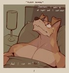 anthro bed brown_body brown_fur canid canine canis domestic_dog english_text fur furniture furniture_lamp hi_res male mammal muscular muscular_male on_bed pillow solo text wolfanine