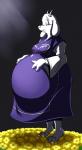 anthro belly big_belly boss_monster_(undertale) bovid breasts caprine clothed clothing female fur hand_on_belly hi_res hoodah horn mammal pregnant pregnant_female simple_background solo toriel undertale undertale_(series) white_body white_fur