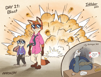 3_toes 4_fingers annoyed anthro barefoot black_nose bottomwear clothed clothed_anthro clothed_female clothed_male clothing cool_guys_don't_look_at_explosions count cross-popping_vein day_count desk dialogue duo_focus explosion eyewear facedesk feet female female_anthro fingers fur furniture grey_body grey_fur group hindpaw horn humanoid_hands larger_anthro larger_male male male_anthro multicolored_body multicolored_fur pants paws pink_nose plantigrade red_body red_fur shirt size_difference smaller_anthro smaller_female smile speech_bubble sunglasses table tail text toes topwear trio two_tone_body two_tone_fur white_body white_fur aar0njay disney inktober inktober_2025 zootopia chief_bogo judy_hopps nick_wilde bovid bovine canid canine cape_buffalo european_rabbit fox lagomorph leporid mammal oryctolagus rabbit red_fox true_fox 2025 english_text