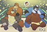 anthro belly blue_body blue_fur brown_body brown_fur bulge clothing fighting_ring fur group male mask moobs musclegut muscular navel nipples overweight overweight_male sitting underwear wrestler wrestling lazy_tiggy animal_crossing nintendo curt_(animal_crossing) teddy_(animal_crossing) bear mammal 2021 hi_res