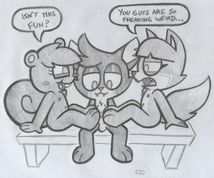 anthro balls bangs barefoot bench blunt_bangs blush blush_stickers chest_tuft dipstick_tail feet female foot_fetish foot_play footjob foreskin genitals group group_sex humanoid_genitalia humanoid_penis male markings nipples notched_ear nude penile penis sex sitting small_penis speech_bubble tail tail_markings threesome trio tuft young young_anthro young_female young_male seabthevortian murphy_and_mitzi mitzi_(ajmarekart) murphy_(ajmarekart) vivian_(ajmarekart) canid canine domestic_cat felid feline felis fox mammal rodent sciurid tree_squirrel monochrome sketch traditional_media_(artwork)