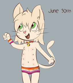 anthro bell bell_collar clothed clothing collar female fur green_eyes lesbian_pride_colors lgbt_pride loli multi_nipple nipples pride_colors solo stated_homosexuality stated_sexuality underwear underwear_only white_body white_fur young young_female soggygoat domestic_cat felid feline felis mammal 2023 hi_res
