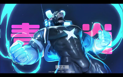 2_horns abs anthro black_bodysuit black_clothing black_hair black_skinsuit blue_clothing blue_sclera blue_topwear blue_vest bodysuit broken_horn bulge clothing energy facial_piercing fur gloves glowing glowing_horn grey_body grey_fur hair halter handwear horn logo male muscular muscular_anthro muscular_male nipple_outline nose_piercing nose_ring obliques open_mouth pecs piercing ring_piercing septum_piercing septum_ring skinsuit solo text tight_clothing topwear vest x_markings takahirosi morton_(takahirosi) bovid bovine cattle mammal 2025 animated artist_logo japanese_text no_sound short_playtime webm