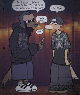 beanie black_beanie black_clothing black_footwear black_hat black_headwear black_hoodie black_shirt black_shoes black_sneakers black_t-shirt black_topwear bottomwear brown_body brown_fur clothing dialogue drugs duo eye_contact facial_piercing footwear fur hair hand_in_pocket hat headgear headwear hoodie humanoid_hands joint logo_on_hoodie logo_on_shirt long_hair looking_at_another male male/male marijuana marijuana_blunt nose_piercing nose_ring outside oversized_bottomwear oversized_clothing oversized_pants pants photo_background piercing pockets ring_piercing shirt shoes sneakers speech_bubble standing string_lights t-shirt tail talking_to_another tan_body tan_fur text topwear white_clothing white_footwear white_shoes white_sneakers critteremitter travis_(critteremitter) absurd_res digital_media_(artwork) digital_painting_(artwork) english_text hi_res mixed_media painting_(artwork) photography_(artwork) traditional_media_(artwork)