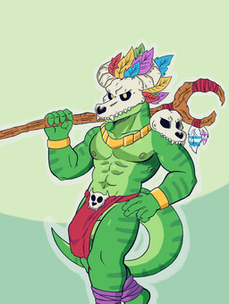 5_fingers anthro balls barely_visible_balls barely_visible_genitalia big_muscles biped black_sclera bone bone_mask fingers genitals green_body green_scales hand_on_hip male mask muscular muscular_anthro muscular_male scales skull skull_mask solo yellow_eyes angelduchie european_mythology mythology terraria witch_doctor_(terraria) dragon mythological_creature mythological_scalie scalie western_dragon 2026 hi_res