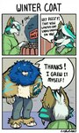 3_panel_comic anthro blue_hair bottomwear brown_body brown_fur cheek_tuft clothing duo ear_piercing ear_ring facial_tuft fangs female fur green_body green_fur green_highlights green_pawpads grey_body grey_fur hair highlights_(coloring) humor lips male open_mouth open_smile pants pawpads paws piercing ring_piercing sabertooth_(anatomy) smile teeth text thick_bottom_lip tuft white_body white_fur white_hair wide_eyed winter_coat lilshark zephyri_q_wolf canid canine canis mammal wolf 2023 english_text hi_res