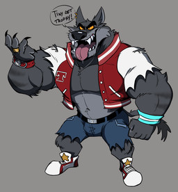 anthro belt big_muscles bottomwear clock clothing dialogue ear_piercing eyebrows fangs footwear jacket letterman_jacket male muscular muscular_anthro muscular_male orange_sclera pants pecs piercing ring sharp_teeth shoes simple_background solo stripes tail teeth text thick_eyebrows tongue tongue_out topwear torn_bottomwear torn_clothing torn_pants watch wristband blainwolf activision crash_bandicoot_(series) mythology tiny_tiger werewolf_tiny_tiger canid canine canis dasyuromorph mammal marsupial mythological_canine mythological_creature recently_extinct_species thylacine werecanid werecanine werecreature werewolf wolf 2023 english_text
