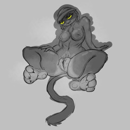 anthro areola barbell_piercing bodily_fluids body_hair breasts cat_tail claws eyelashes facial_tuft feet female genitals happy_trail long_eyelashes nipple_dip nipple_piercing nipples nude piercing pubes solo sweat tuft vulva nyck_ms epic_games fortnite meow_skulls calico_cat domestic_cat felid feline felis humanoid mammal 1:1 black_and_white hi_res monochrome sketch