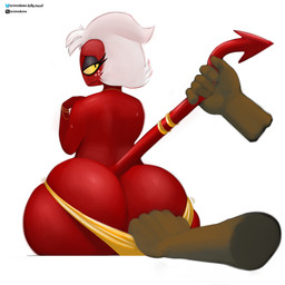 accessory anthro big_butt bikini black_eyeshadow bottomwear bracelet butt cartoon_freckles clothing clothing_pull duo eyelashes eyeshadow femboy freckled_face freckles furgonomics glistening_eyelids gold_(metal) gold_bikini gold_jewelry hair huge_butt jewelry long_eyelashes makeup male male/male motion_lines red_body red_skin ring simple_background swimwear tail tail_accessory tail_grab tail_jewelry tail_ring thong two-piece_swimsuit underwear white_background white_freckles white_hair yellow_sclera kronodume hellaverse helluva_boss moxxie_(helluva_boss) demon imp 1:1 hi_res