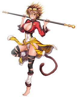 animal_print big_breasts breasts brown_hair brown_tail cleavage_cutout clothed clothing coat cutout feet female hair light_body light_skin long_tail looking_at_viewer melee_weapon red_clothing red_coat red_topwear simple_background solo staff tail teeth tiger_print toes topwear weapon white_background yellow_eyes asahi taimanin_(series) sun_wuyan animal_humanoid haplorhine humanoid mammal mammal_humanoid monkey monkey_humanoid primate primate_humanoid digital_media_(artwork) full-length_portrait hi_res portrait shaded