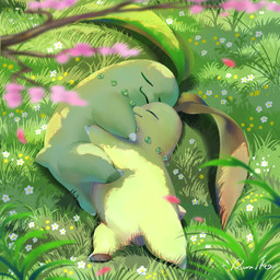 ambiguous_gender duo eyes_closed featureless_crotch feral flower grass green_body hug leaf_(anatomy) plant sleeping sleeping_together tail tree vertlapin96 nintendo pokemon chikorita elemental_creature flora_fauna generation_2_pokemon pokemon_(species) shiny_pokemon 1:1 2026 hi_res signature