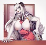 2020 5_fingers anthro apron apron_only areola blue_eyes breasts canid canine canis clothed clothing digital_media_(artwork) domestic_dog exposed_breasts female fingers hair knight_dd mammal mostly_nude nipples open_mouth smile solo standing teeth tongue white_hair