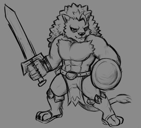 anthro claws fur hair male mane melee_weapon muscular muscular_male shield smile solo sword weapon dynogreeno felid feline lion mammal pantherine hi_res monochrome