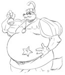 anthro belly belt big_belly claws clothed clothing fur hand_on_belly hat hat_feather headgear headwear holding_object holding_pouch holding_purse looking_aside loose_feather male medallion obese obese_anthro obese_male overweight overweight_anthro overweight_male pouch_(anatomy) pouch_purse sheriff_star solo standing reagan700 disney robin_hood_(disney) sheriff_of_nottingham canid canine canis mammal wolf 2017 monochrome