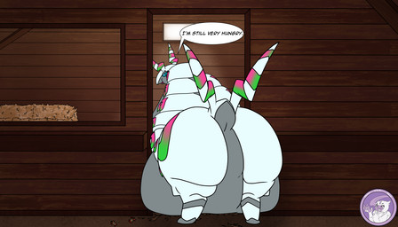apple apple_core barn butt dialogue female feral food fruit hay hungry looking_back melon obese overweight plant stable stuck stuck_in_door hyperchibiabsol nintendo pokemon generation_5_pokemon pokemon_(species) scolipede 7:4 absurd_res hi_res