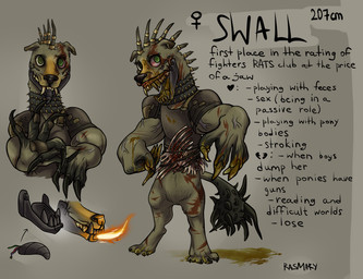 alternate_universe anthro armor big_claws big_hands blood bodily_fluids bone claws feces feces_in_mouth female fire green_eyes jaw leather leather_armor metal open_mouth prosthetic prosthetic_jaw ridge scar scatplay solo standing teeth text thorns rasmary fallout_equestria hasbro my_little_pony mythology fan_character swall_(rasmary) canid canid_demon canine canis demon domestic_dog hellhound mammal monster mythological_canine mythological_creature 2026 digital_media_(artwork) english_text hi_res
