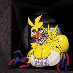 anthro beak big_breasts bottomless breasts cheek_tuft cleavage clothed clothing eyelashes facial_tuft feathers female front_view head_feathers head_tuft huge_breasts looking_at_viewer machine purple_eyes sharp_teeth solo tail tail_feathers teeth text text_on_clothing text_on_topwear topwear tuft white_clothing white_topwear wire yellow_body yellow_feathers gallo_wazavi five_nights_at_freddy's five_nights_at_freddy's_2 scottgames withered_chica_(fnaf) animatronic avian bird chicken galliform phasianid robot 1:1 hi_res