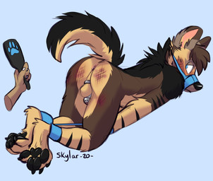 4_toes abstract_background anthro anus ass_up backsack balls bdsm biped black_body black_claws black_fur black_tail blue_background blue_eyes blush bondage bound brown_body brown_fur brown_hair brown_tail butt butt_slap chastity_cage chastity_device claws disembodied_hand duo feet footprint fur genitals hair hands_tied hands_together holding_object holding_paddle leg_cuff legs_tied legs_together looking_back male monotone_hair multicolored_body multicolored_fur muzzle_(object) muzzled nude outline paddle pawpads pawprint paws penis raised_tail restrained simple_background slap spank_marks spanking submissive submissive_male tail toes two_tone_tail skylardoodles aardwolf_essex hyena mammal 2020 dated digital_media_(artwork) hi_res signature