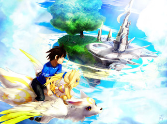 2000s_theme anthro bandeau blonde_hair blue_eyes clothing female floating_island hair in_the_sky kemono male midriff sky topwear young young_female tetetor-oort checa_(tetetor-oort) human mammal