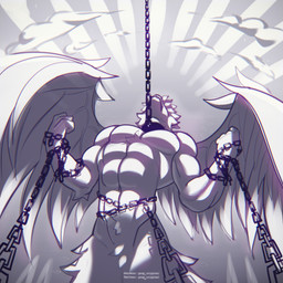 abs anthro biceps bound chain chained collar feathered_wings feathers fluffy fluffy_chest male muscular muscular_anthro muscular_male pecs slave solo wings goop_original angel canid canine canis mammal wolf 1:1 hi_res