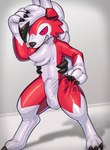 anthro bodysuit brown_latex bulge chest_tuft claws clothing detailed_bulge digitigrade finger_claws latex latex_bodysuit latex_clothing latex_skinsuit male painted_on_eyes red_eyes red_latex skinsuit solo tight_clothing tuft white_latex shio_inu nintendo pokemon canid canine generation_7_pokemon lycanroc mammal midnight_lycanroc pokemon_(species) hi_res