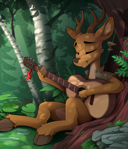 acoustic_guitar against_natural_surface against_surface against_tree anthro clothing eyes_closed forest guitar male musical_instrument plant plucked_string_instrument scenery sitting smile solo string_instrument tree yakovlev-vad deer mammal 2020 hi_res